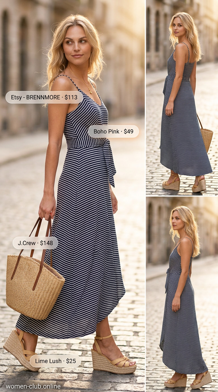 Navy and white striped maxi wrap dress outfit 2026 for seaside lunch. Styled with espadrille wedges and straw tote.