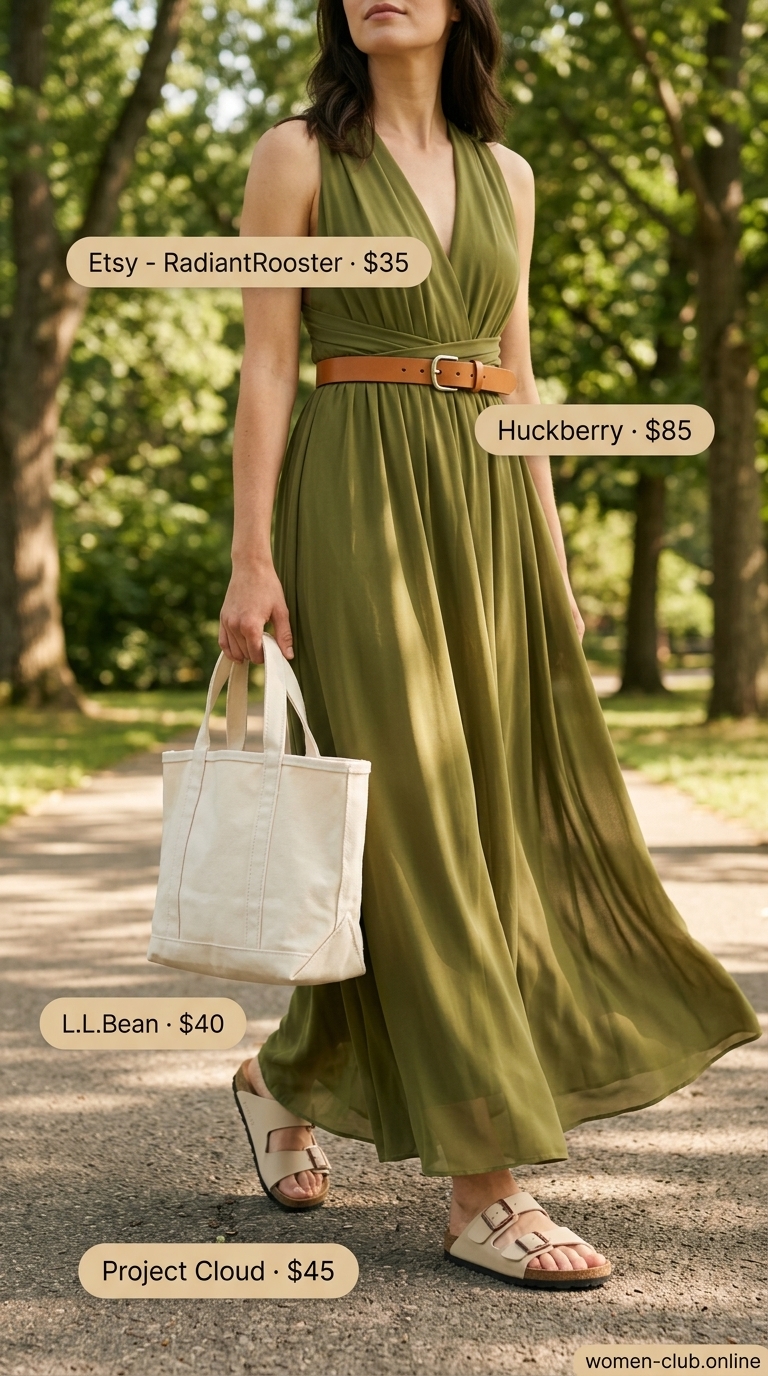 Olive green utility maxi wrap dress for casual errands, with flat sandals and canvas tote.