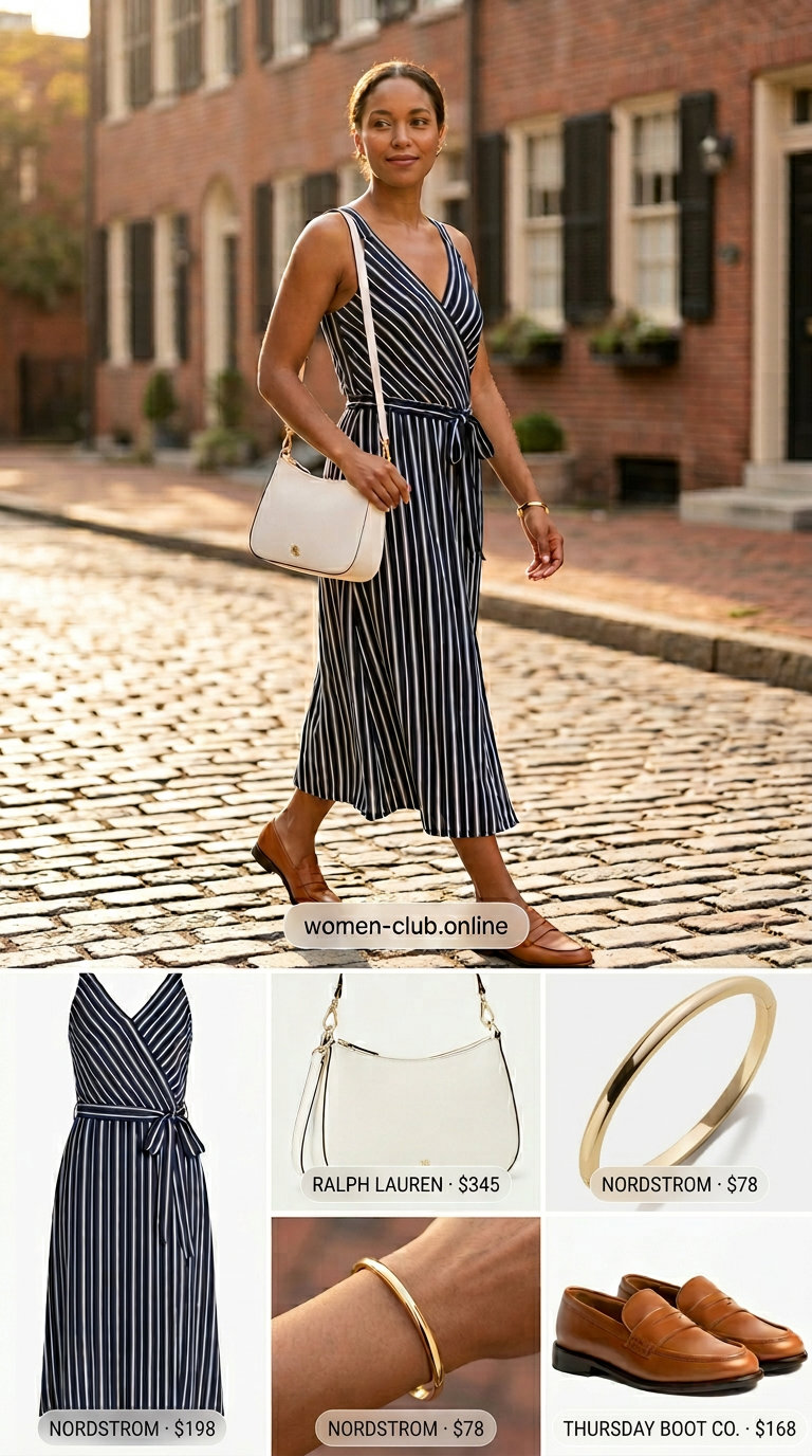Preppy Summer Stripe: Navy & white maxi wrap dress, penny loafers, structured bag, gold bangle for 2026 brunch.