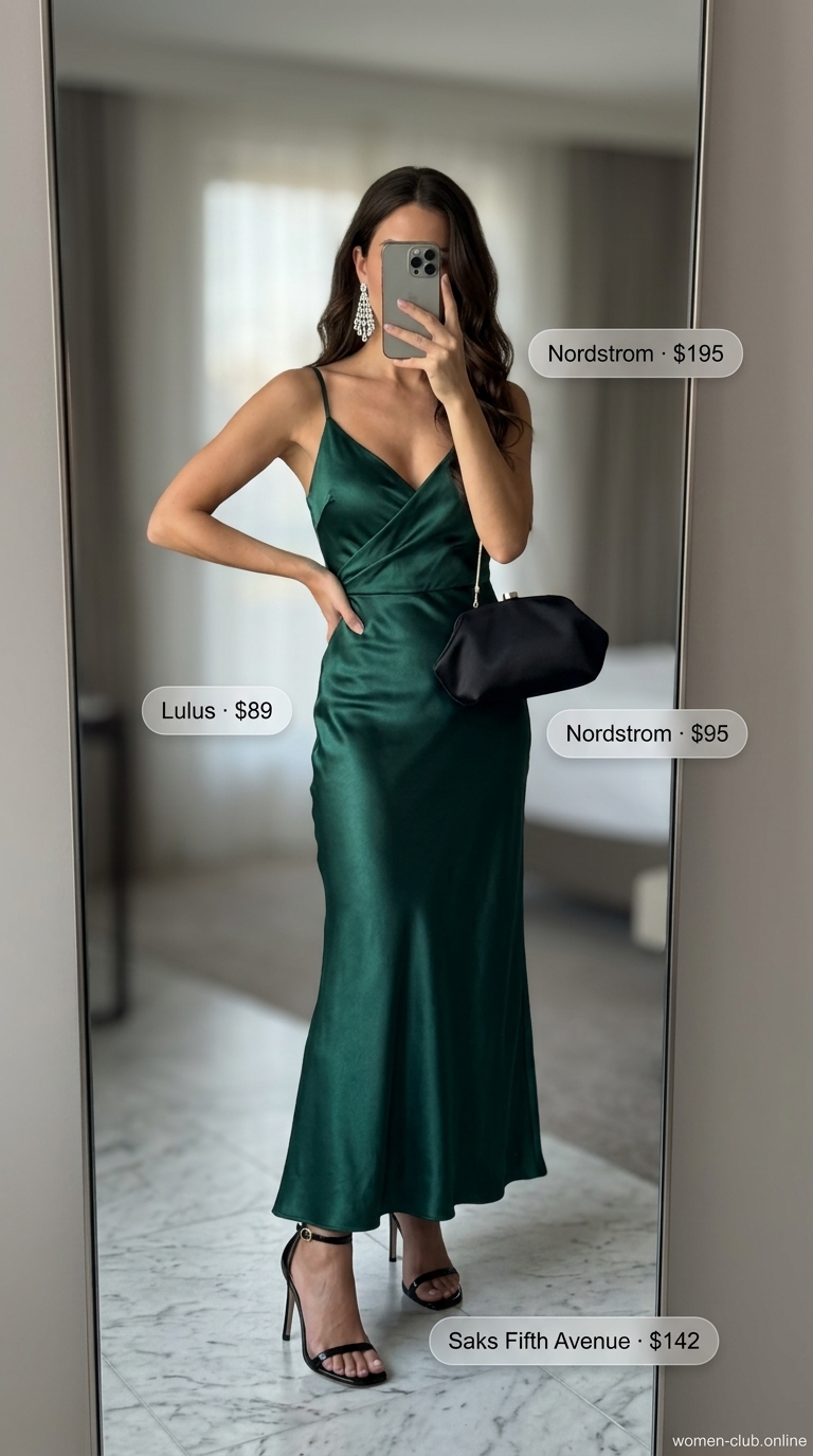 Emerald green satin maxi wrap dress outfit 2026 for evening events. Styled with chandelier earrings and stiletto heels.