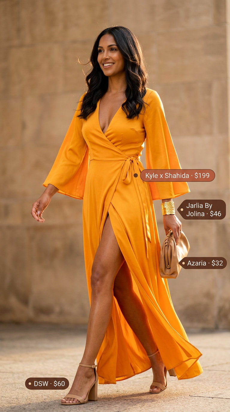 Mango orange silk maxi wrap dress outfit 2026 for summer evening events. Styled with gold cuff and tan block heels.