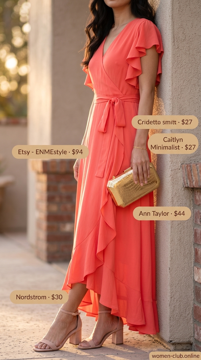 Coral satin maxi wrap dress for a sunset soiree, with nude strappy heels and gold clutch.