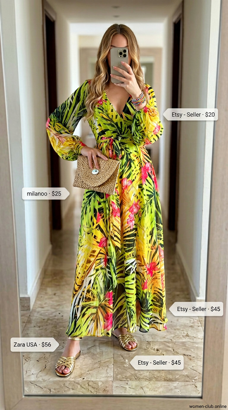 Tropical Getaway: Vibrant maxi wrap dress, raffia clutch, metallic sandals for summer 2026 vacations.