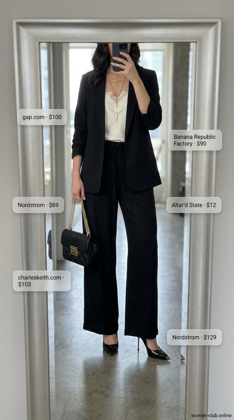 Sophisticated black wide-leg trousers and ivory camisole for summer night out in the city outfits for women 2026.