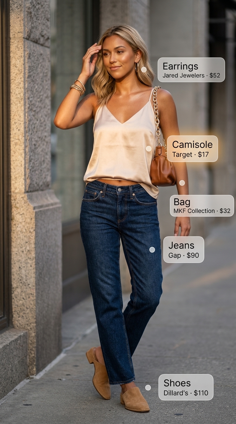Polished dark indigo jeans and cream satin cami for summer night out in the city outfits for women 2026.
