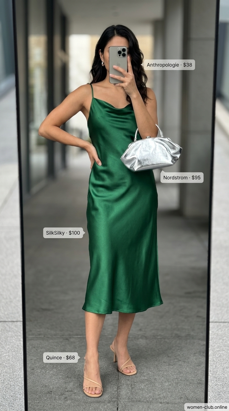 Emerald green satin slip dress for summer night out in the city outfits for women 2026. Date night ready.
