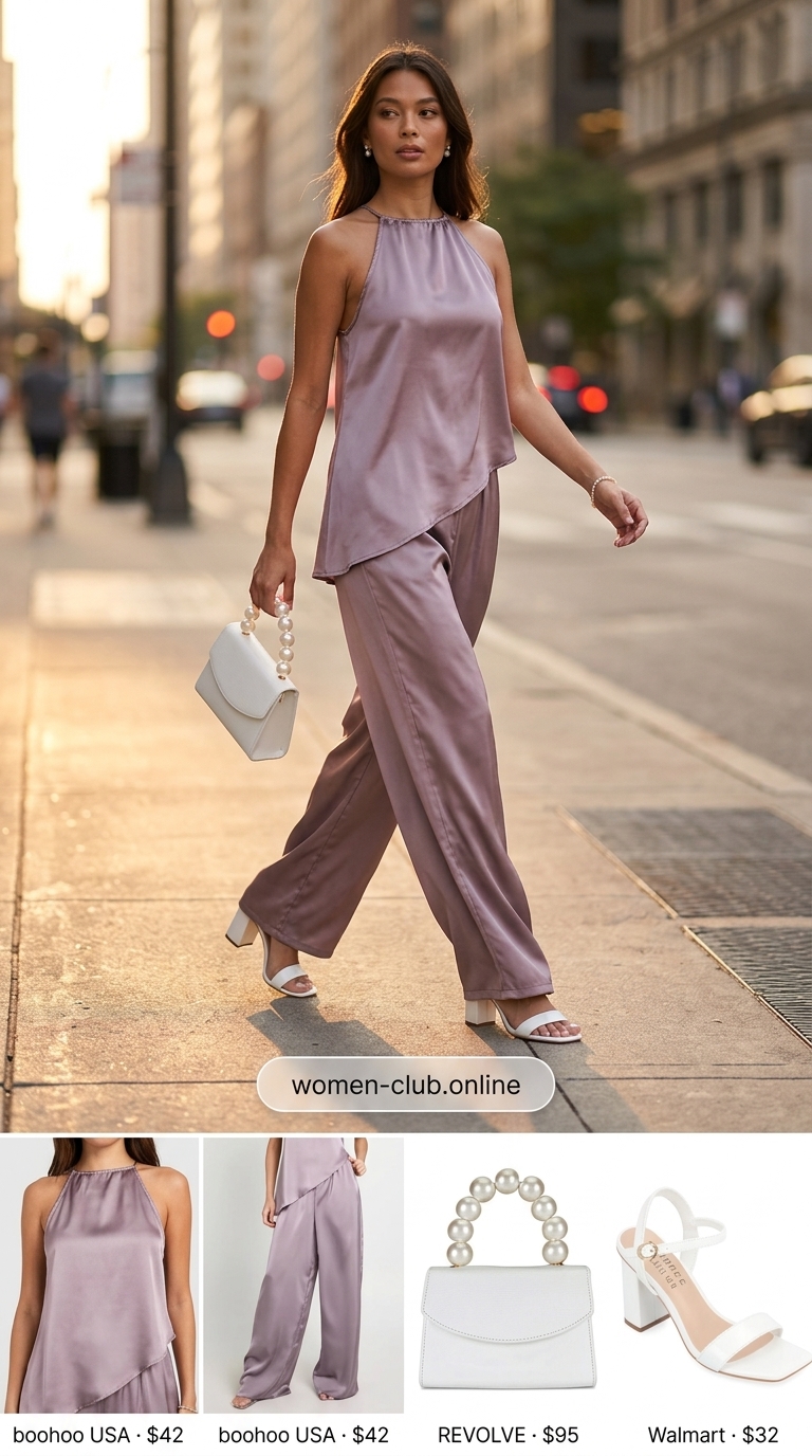 Stylish lavender satin co-ord set for summer night out in the city outfits for women 2026. Rooftop dinner ready.