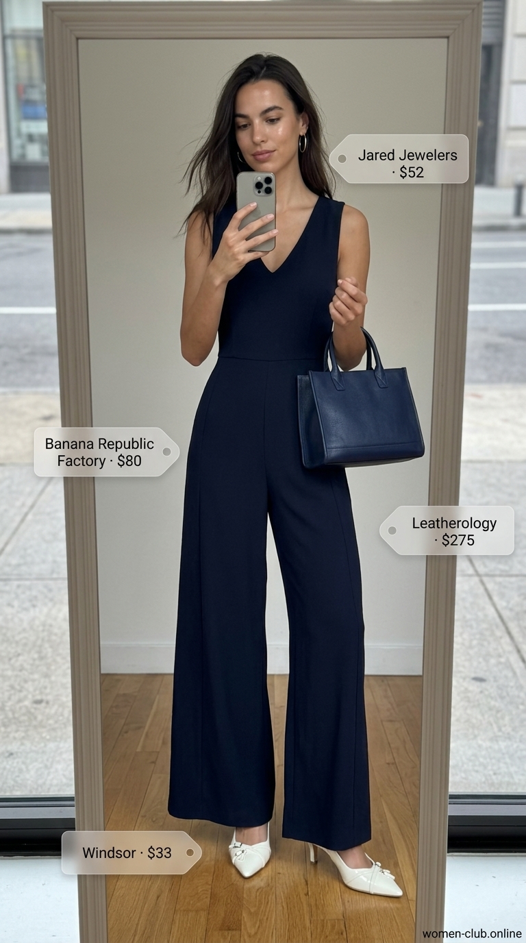 Refined navy blue wide-leg jumpsuit for summer night out in the city outfits for women 2026. Upscale dinner look.