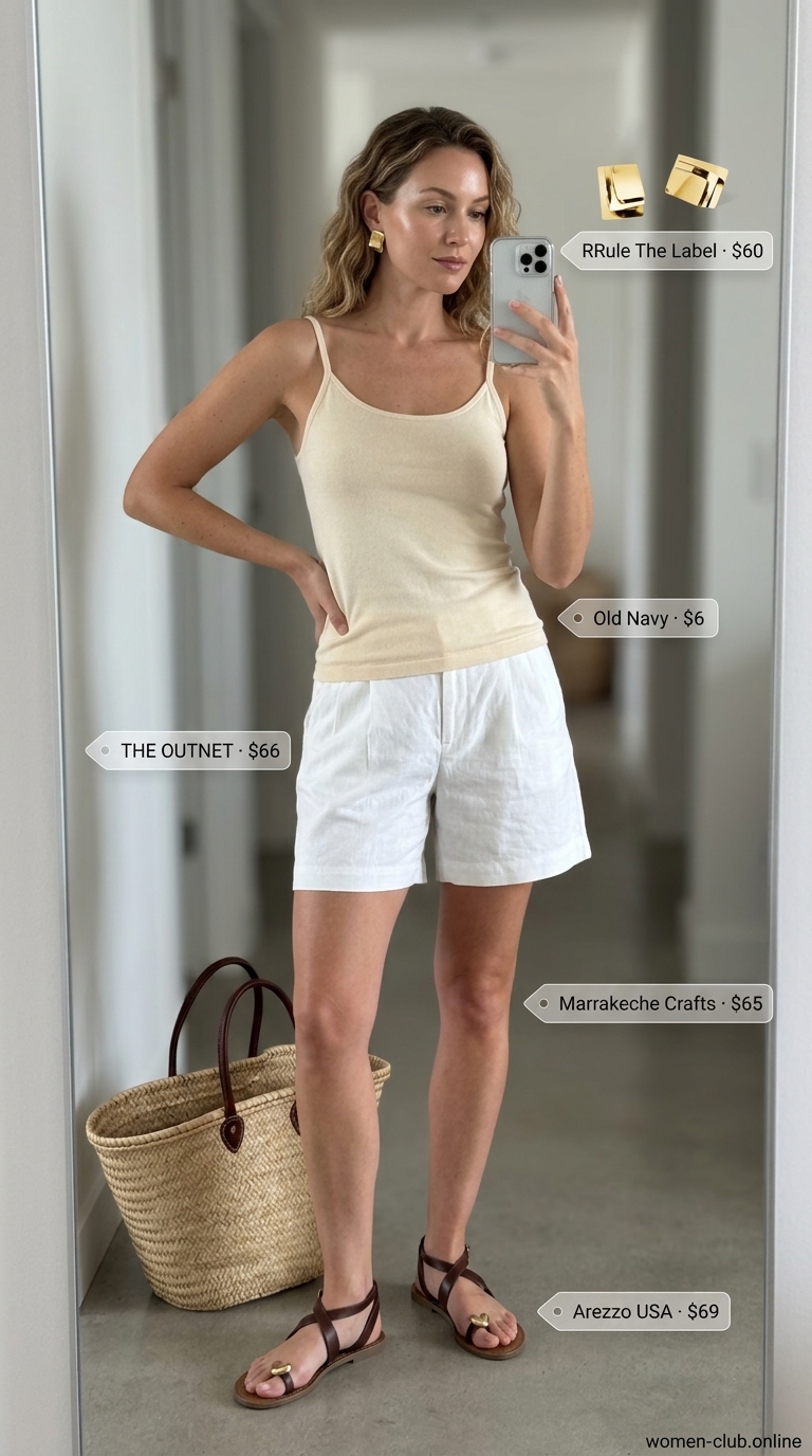 Relaxed olive green shirt and cream shorts for summer night out in the city outfits for women 2026. Casual date.