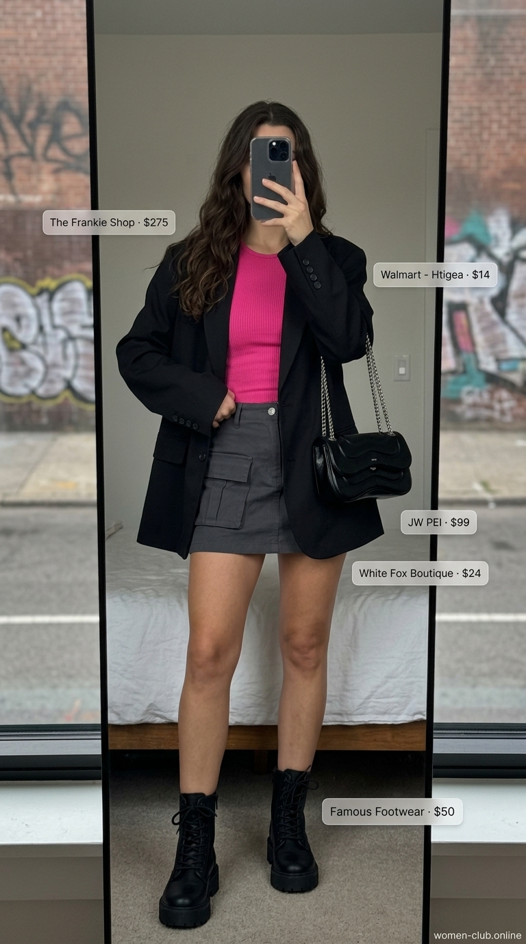 Bold charcoal grey skirt and hot pink crop top for summer night out in the city outfits for women 2026.