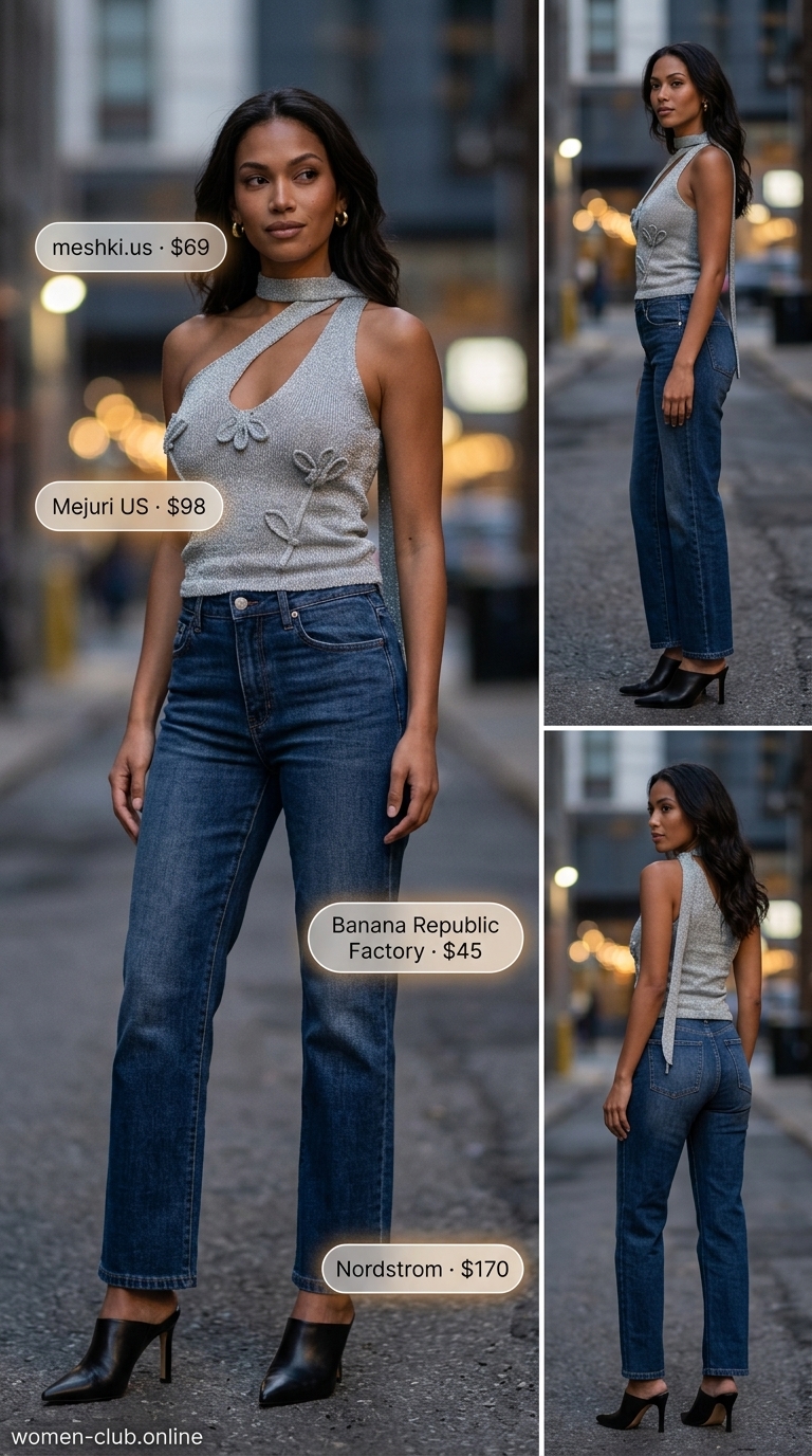 Trendy dark wash jeans and silver one-shoulder metallic top for summer night out in the city outfits for women 2026.