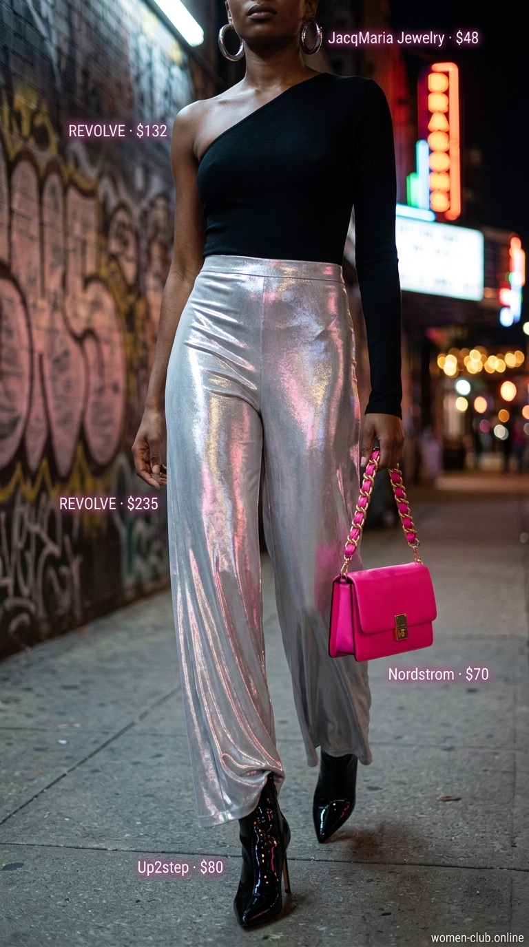 Edgy metallic silver trousers and black one-shoulder top for summer night out in the city outfits for women 2026.