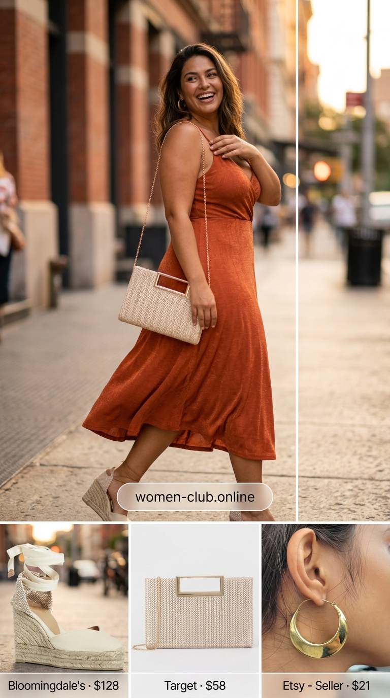 Terracotta halter neck maxi dress with gold hoops for summer night out in the city outfits for women 2026.