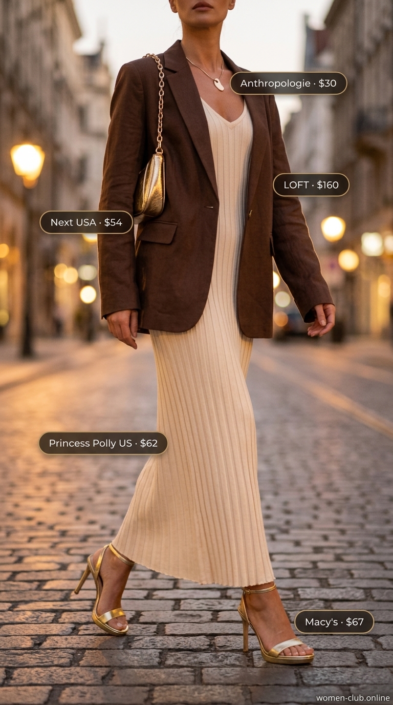 Cream ribbed knit maxi dress, chocolate brown blazer, gold sandals for summer night out in the city outfits for women 2026.