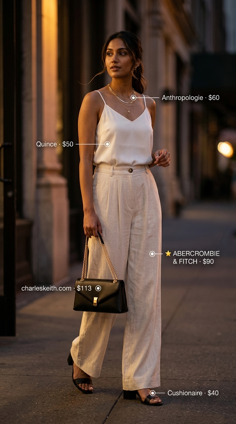 Ivory wide-leg pants with black camisole for summer night out in the city outfits for women 2026.