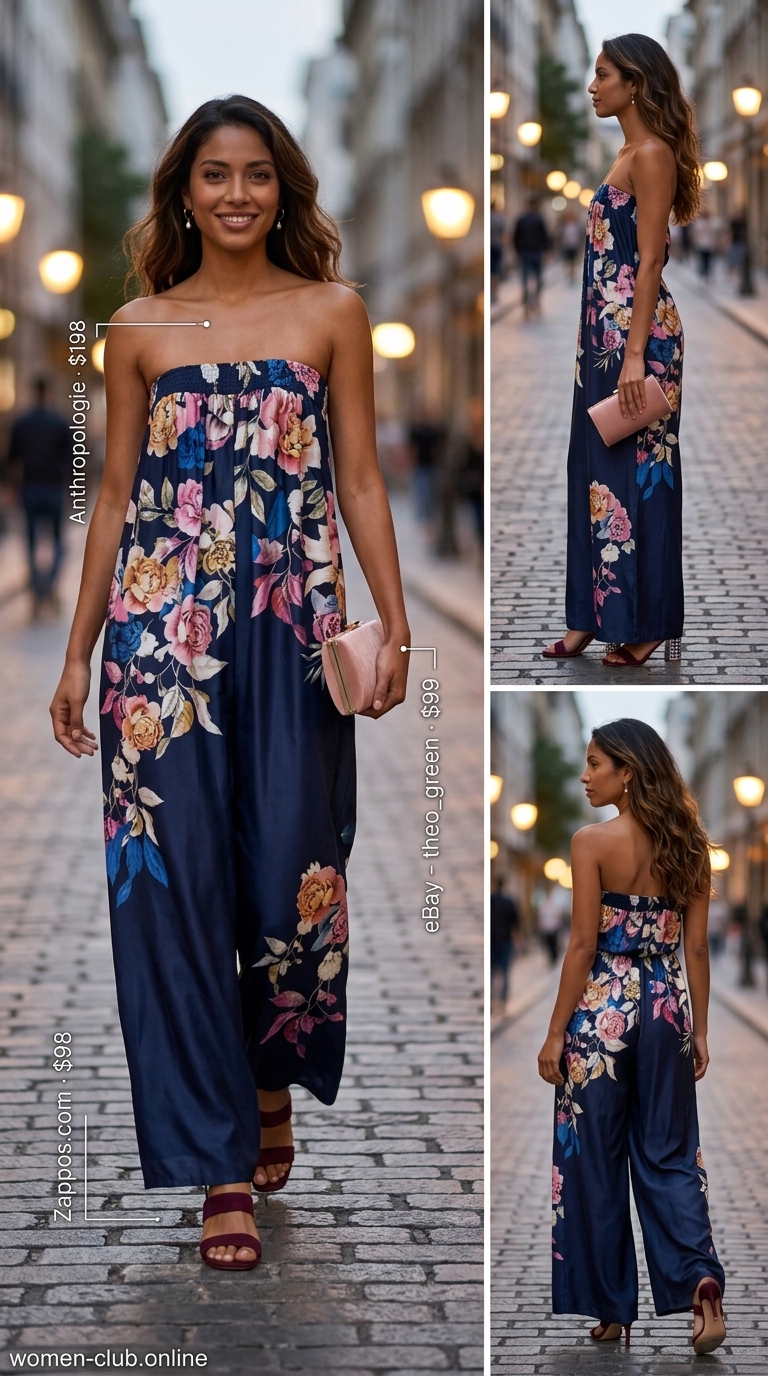 Navy floral print jumpsuit, burgundy sandals, blush velvet clutch for summer night out in the city outfits for women 2026.