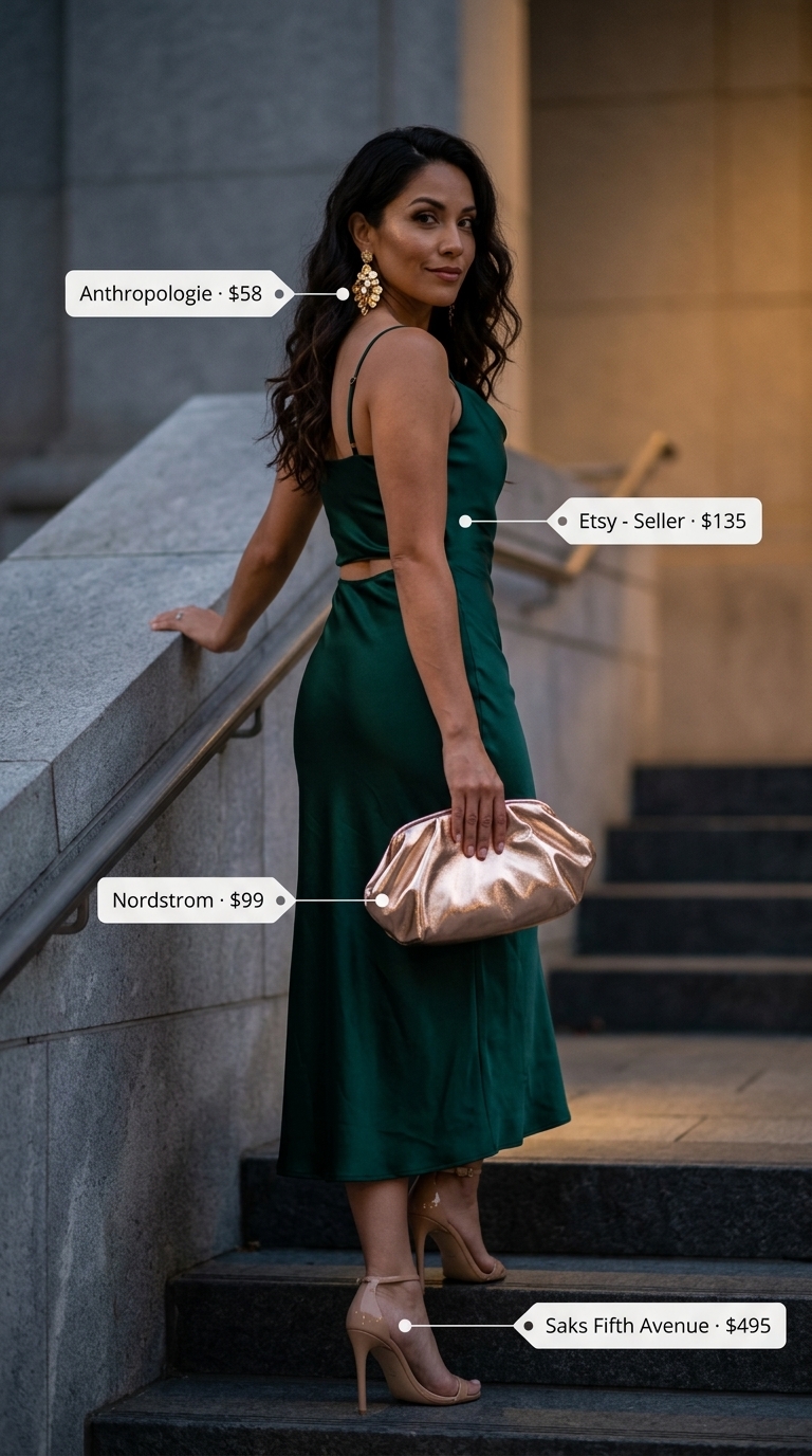 Emerald green slip dress with gold accessories for summer night out in the city outfits for women 2026.