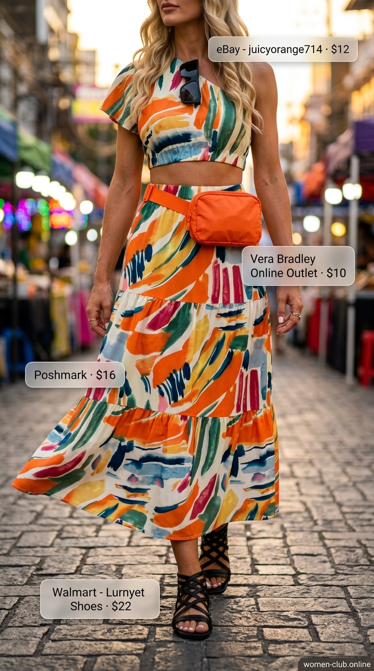 Multi-color abstract print crop top and mini skirt set, orange belt bag for summer night out in the city outfits for women 2026.