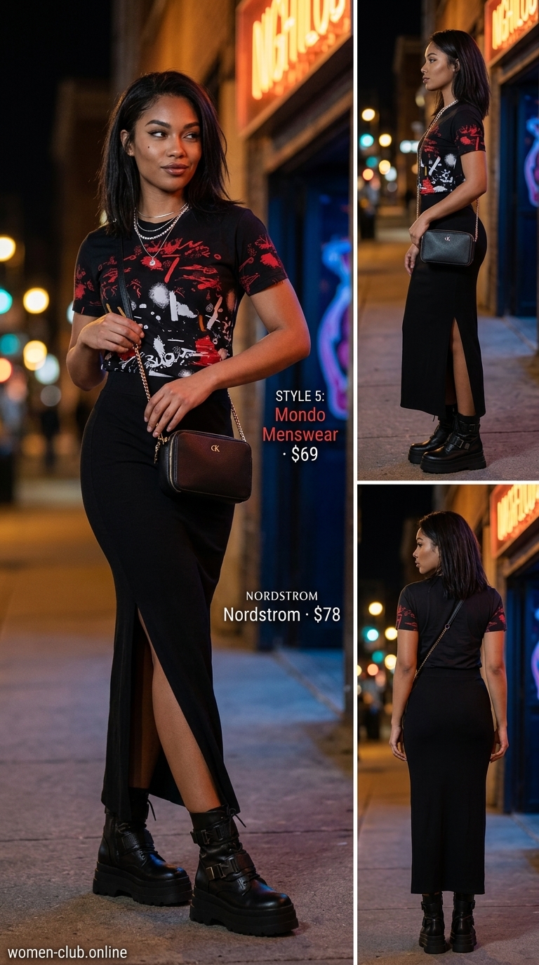 Graphic tee, maxi skirt, and combat boots for summer night out in the city outfits for women 2026.