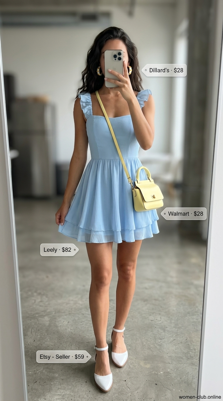 Sky blue fit-and-flare dress with yellow bag for summer night out in the city outfits for women 2026.