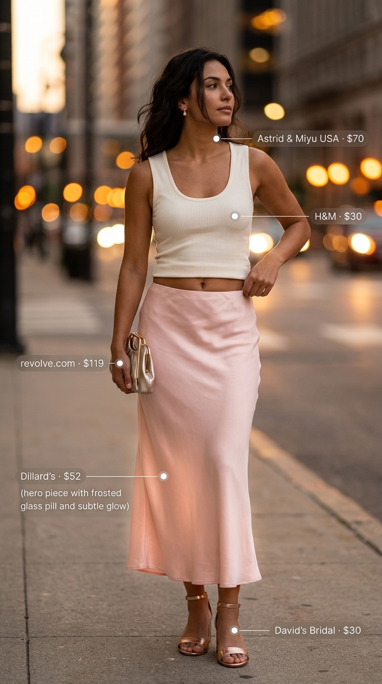 Blush pink satin midi skirt with ribbed tank for summer night out in the city outfits for women 2026.