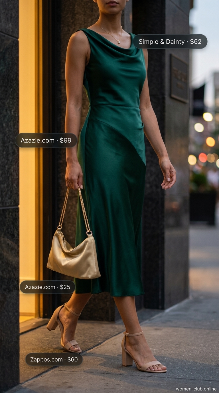 Emerald green silk slip dress, nude sandals, gold necklace for summer night out in the city outfits for women 2026.