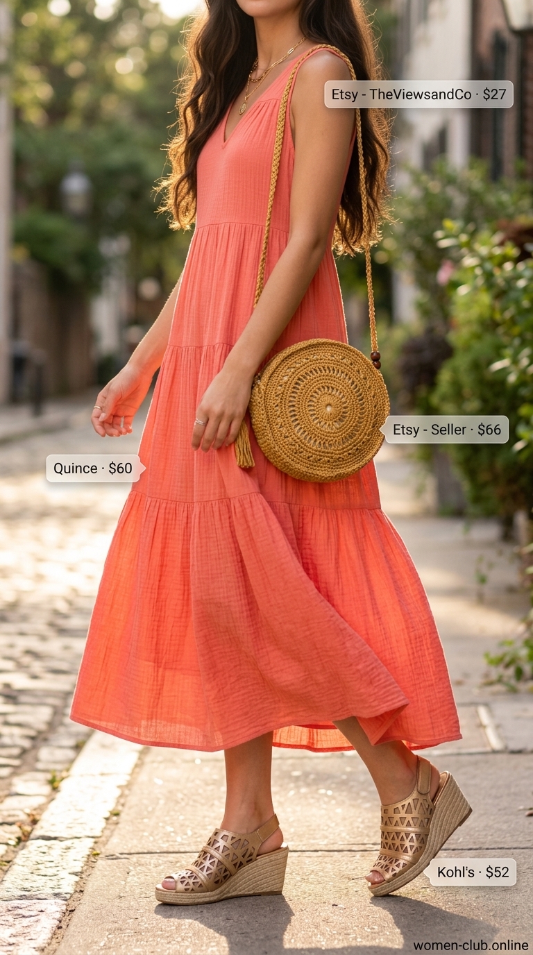 Coral maxi dress with espadrille wedges for summer night out in the city outfits for women 2026.
