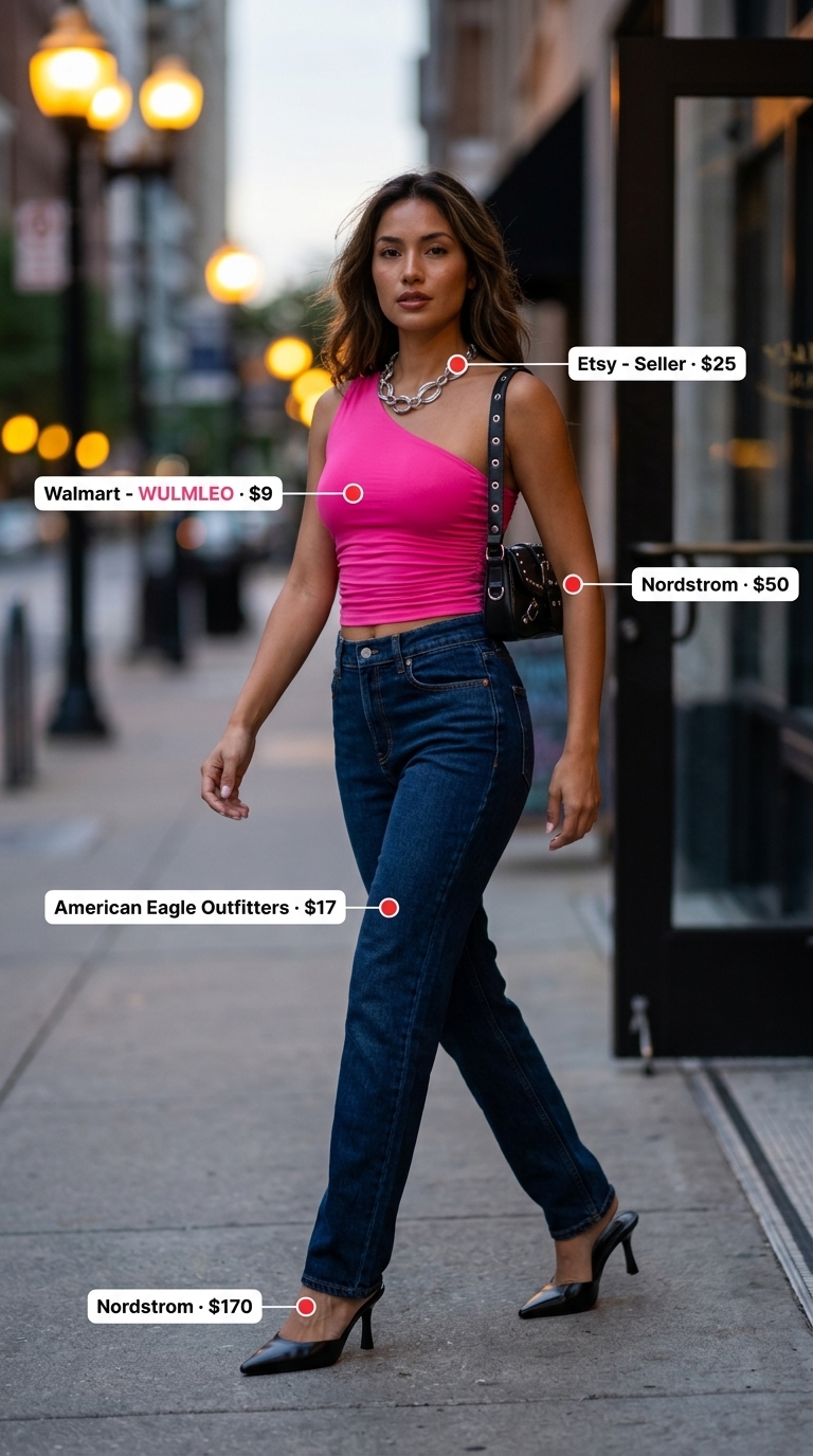 Dark wash jeans, hot pink one-shoulder top, black mule heels for summer night out in the city outfits for women 2026.