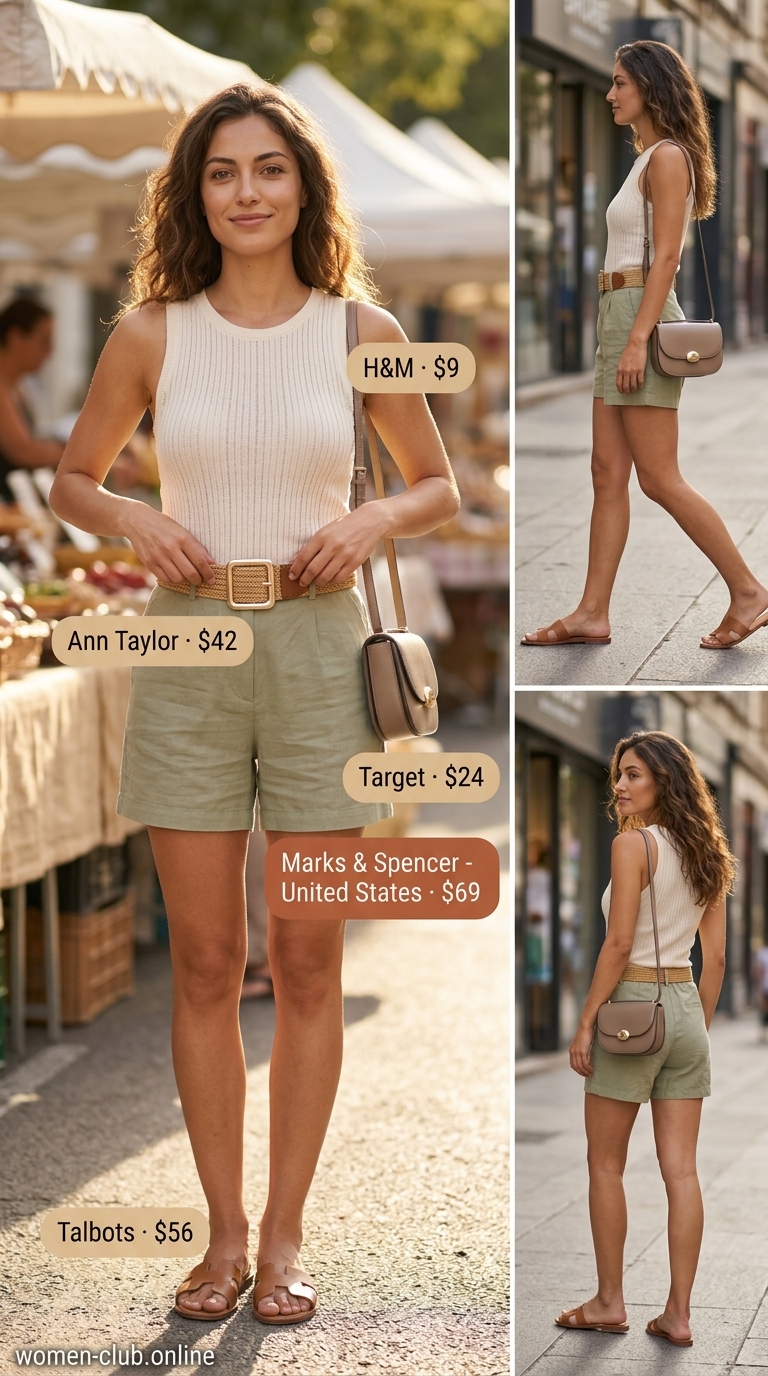 Olive green linen shorts, cream ribbed tank, cognac crossbody for summer night out in the city outfits for women 2026.