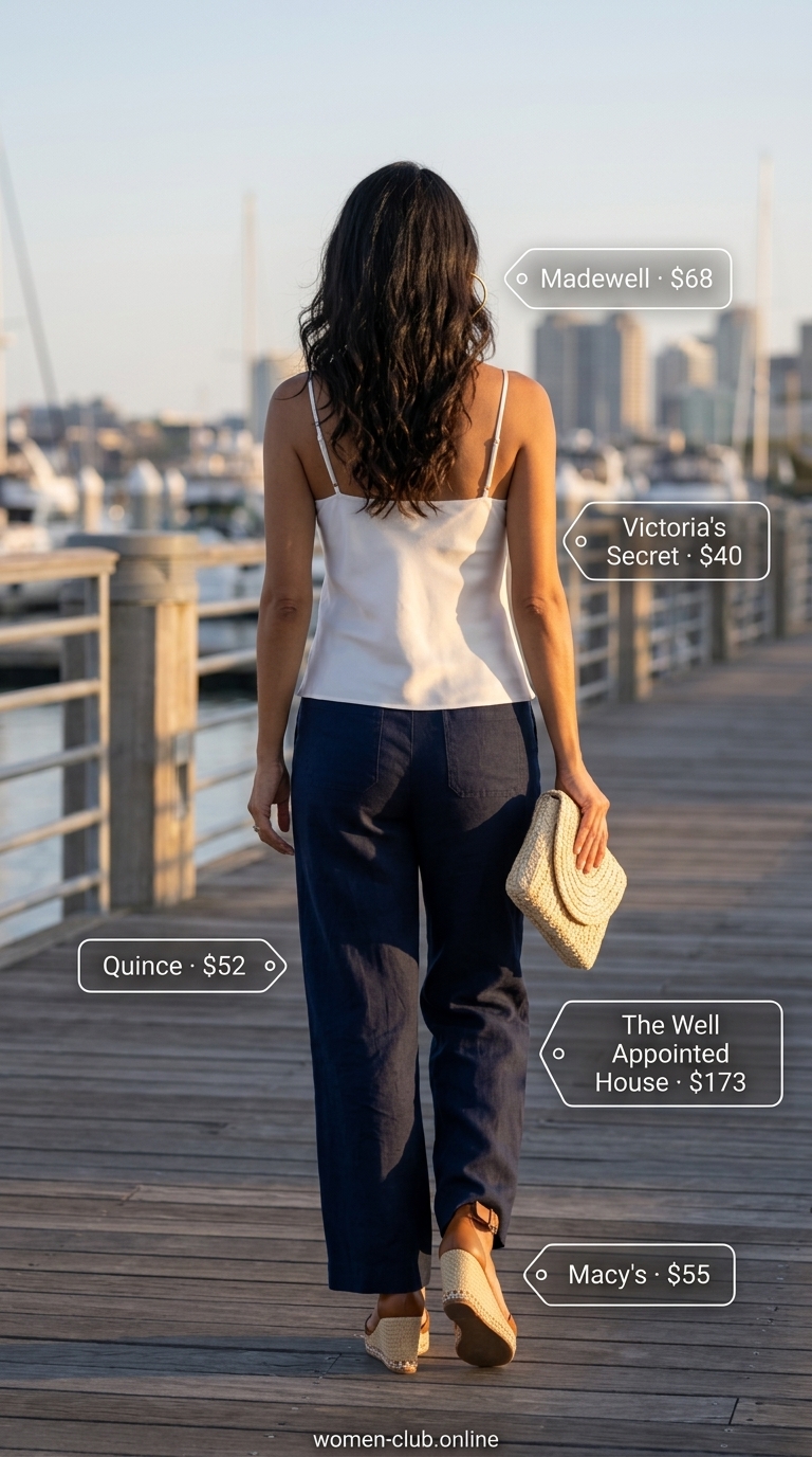 Navy wide-leg linen pants, white silk camisole, tan espadrilles for summer night out in the city outfits for women 2026.