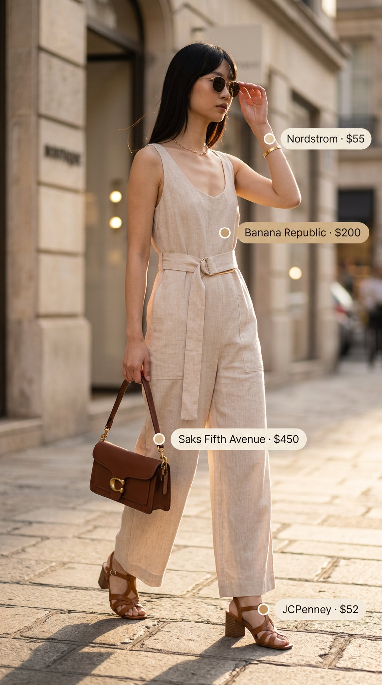 Linen Jumpsuit Chic: Summer Old Money Outfit 2026 Summer old money outfit for women 2026: Beige linen jumpsuit, brown sandals, gold bracelet for casual chic.