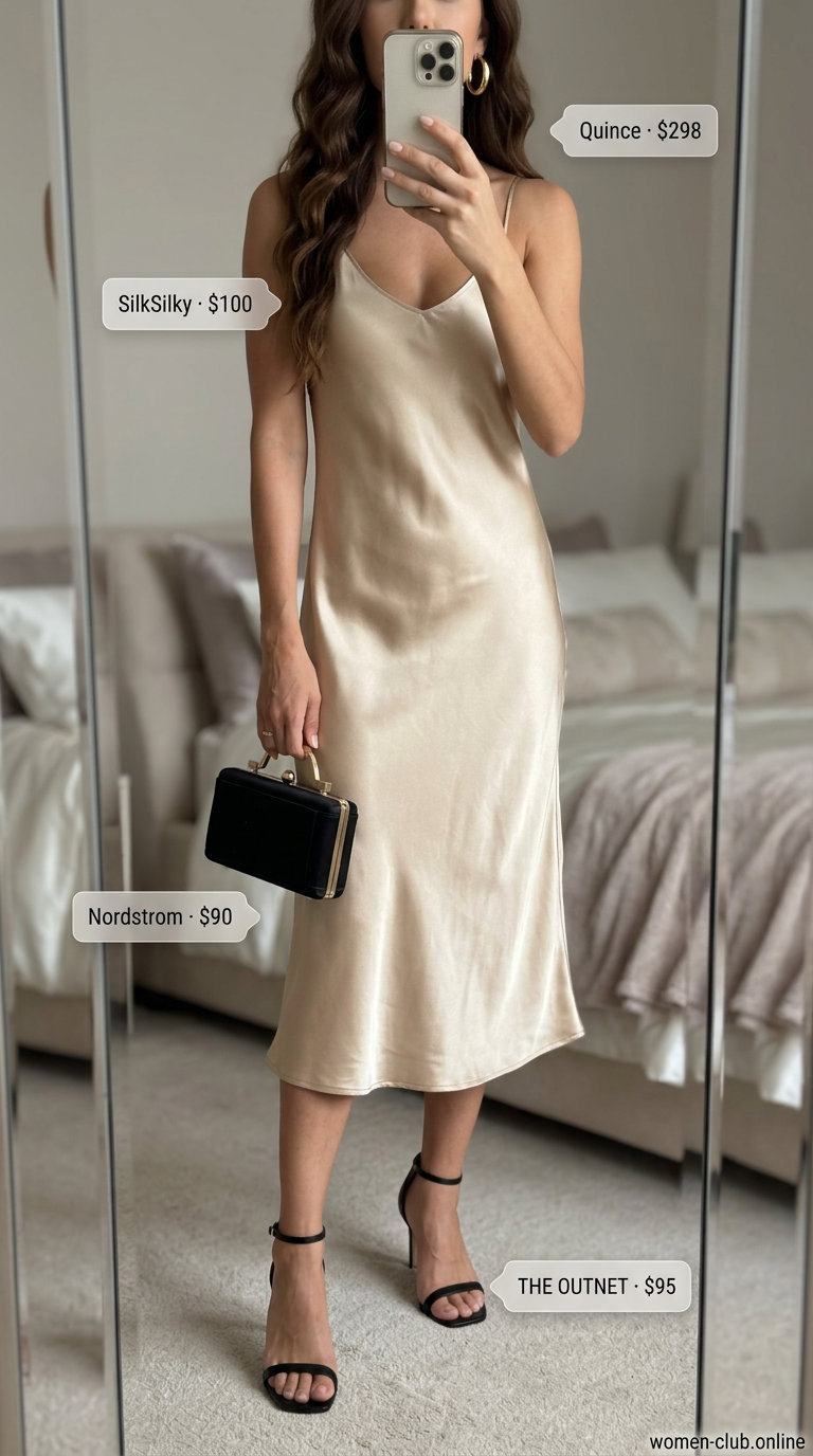 Slip Dress Glam: Summer Old Money Outfit 2026 Summer old money outfit for women 2026: Champagne slip dress, black heels, gold earrings for evening event.