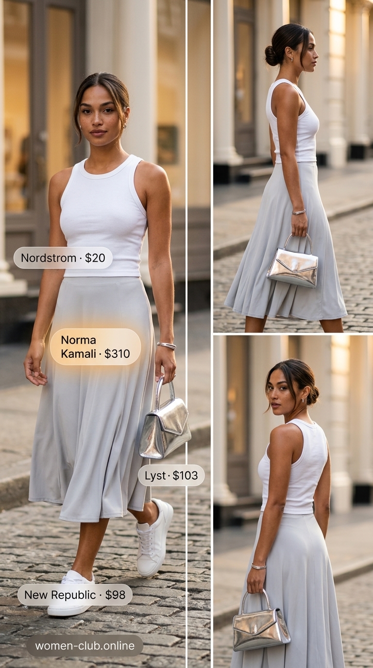 Midi Skirt Style: Summer Old Money Outfit 2026 Summer old money outfit for women 2026: Grey midi skirt, white tank, silver jewelry, white sneakers for casual chic.