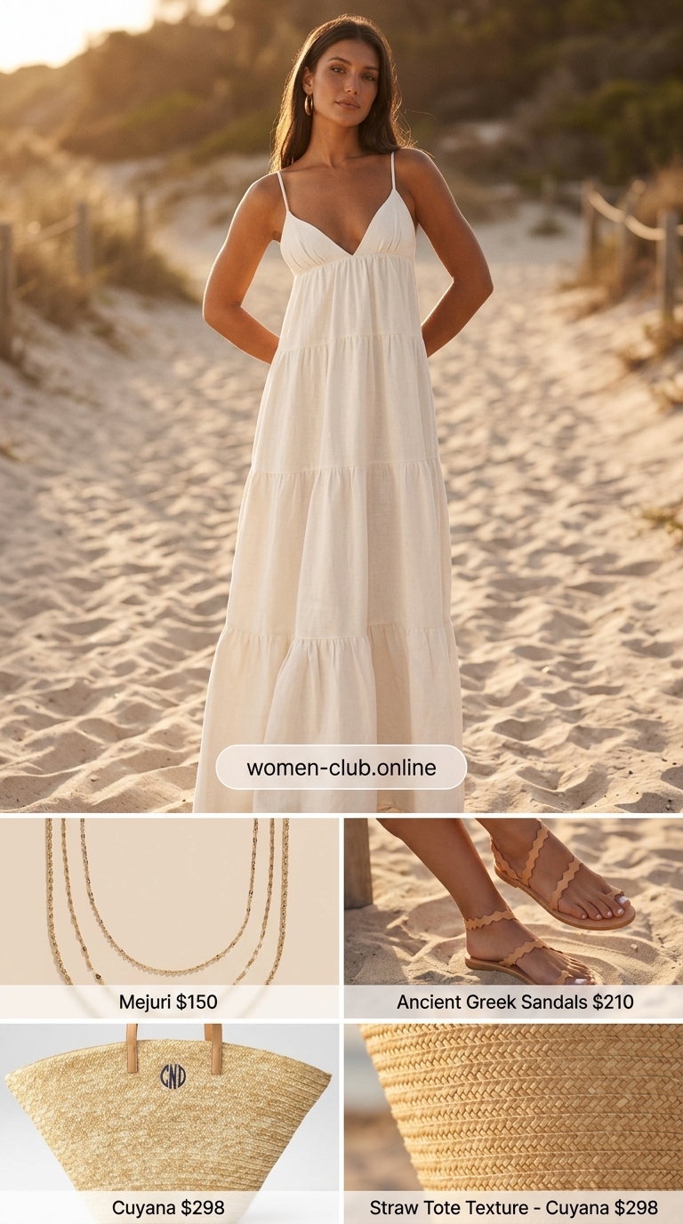 Maxi Dress Serene: Summer Old Money Outfit 2026 Summer old money outfit for women 2026: Ivory maxi dress, tan sandals, gold necklaces, straw tote for beach club.