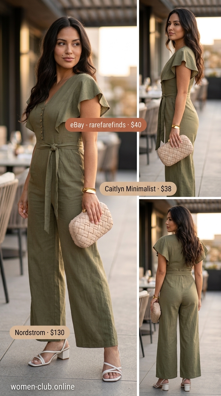 Chic Jumpsuit: Summer Old Money Outfit 2026 Summer old money outfit for women 2026: Olive green linen jumpsuit, white sandals, gold bracelet for evening.