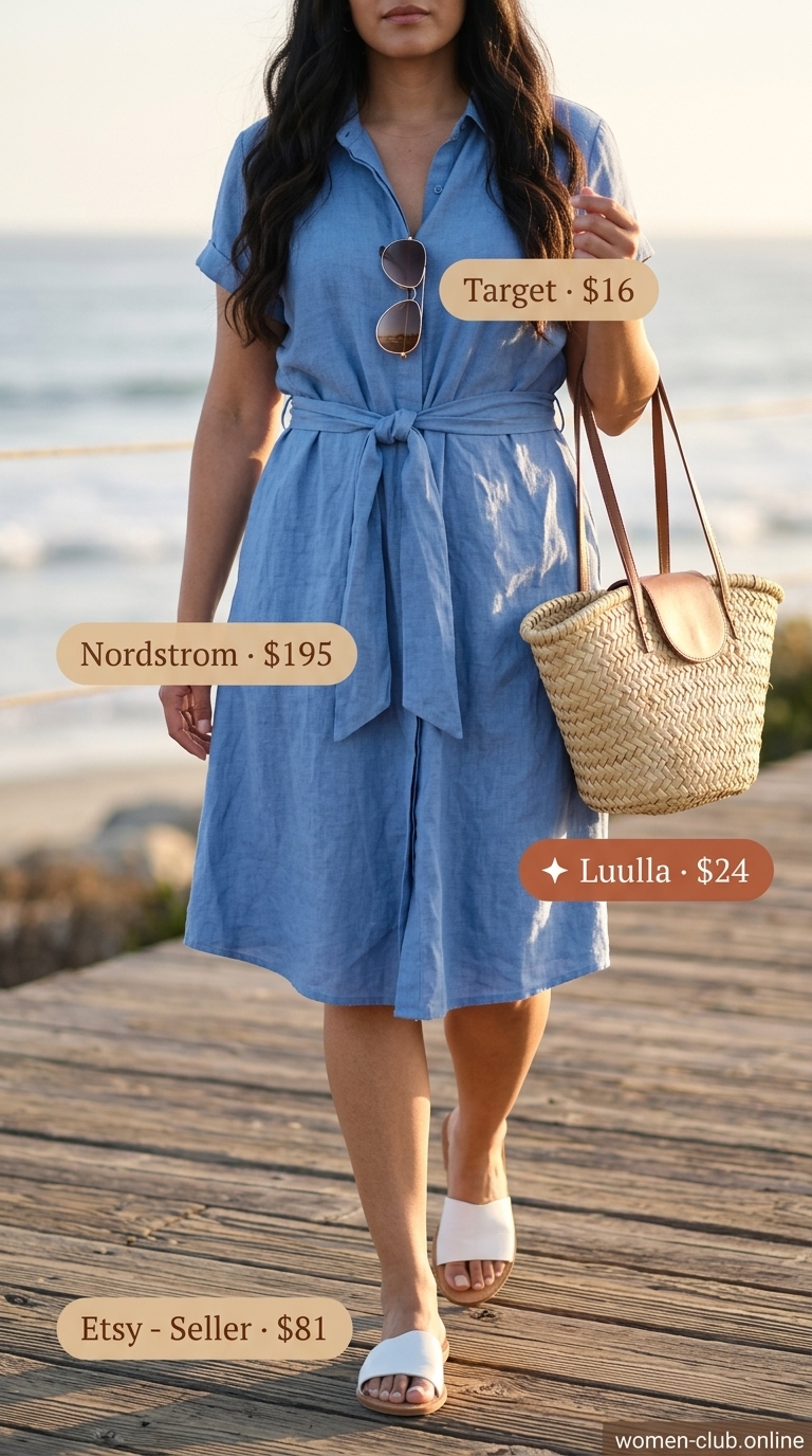 Shirt Dress Coastal: Summer Old Money Outfit 2026 Summer old money outfit for women 2026: Sky blue shirt dress, white slides, straw tote, aviators for coastal vibe.