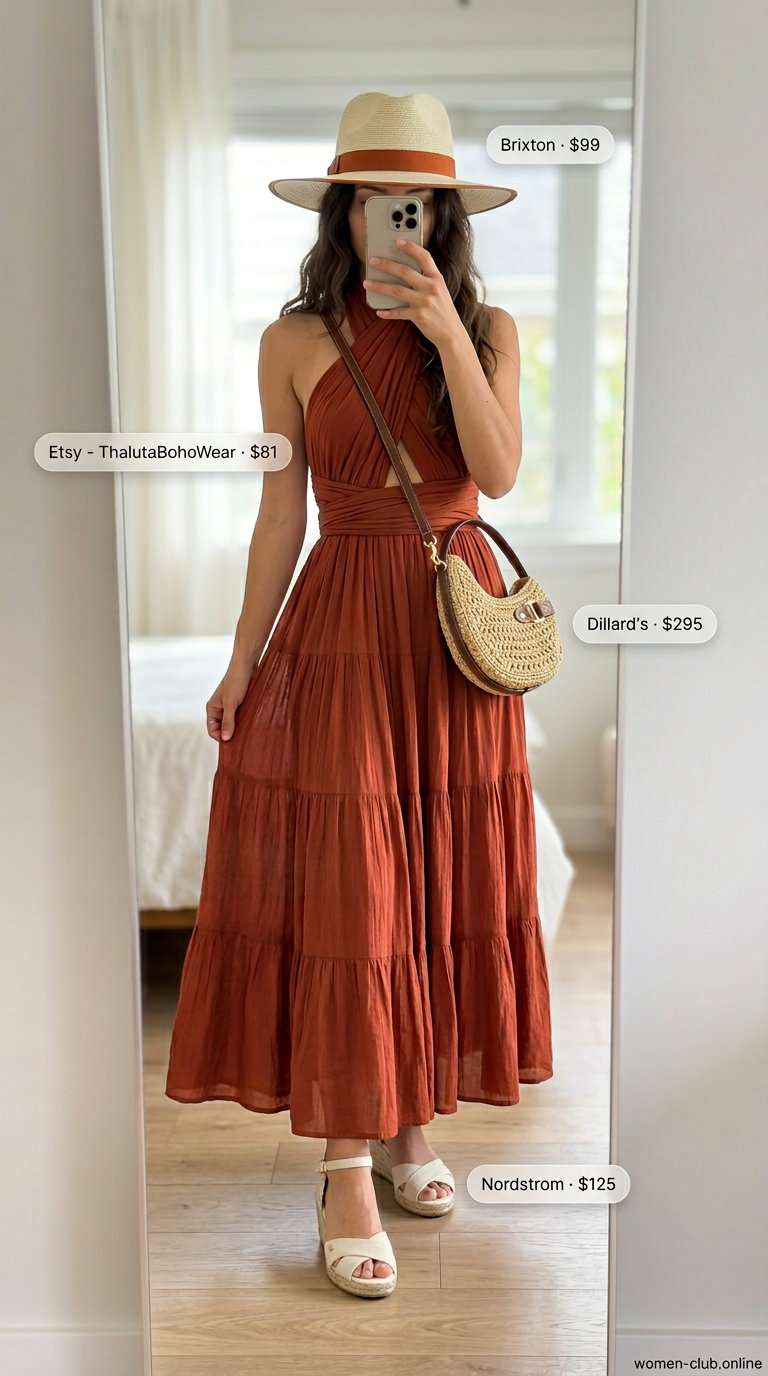 Maxi Dress Elegance: Summer Old Money Outfit 2026 Summer old money outfit for women 2026: Terracotta maxi dress, straw hat, espadrilles for garden party.