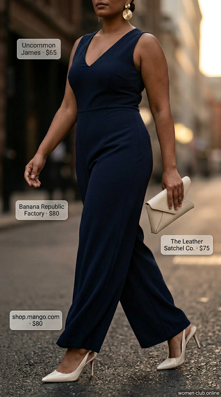 Summer Old Money Outfit for Women 2026: Jumpsuit Evening Navy jumpsuit outfit for women 2026, sophisticated for summer evenings with gold earrings and stiletto heels.