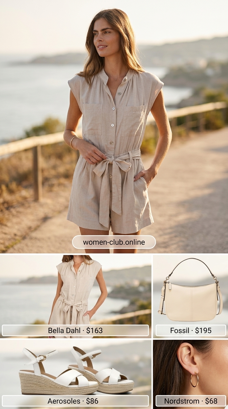 Summer Old Money Outfit for Women 2026: Linen Romper Chic Taupe linen romper outfit for women 2026, effortless chic for daytime with espadrilles and crossbody bag.