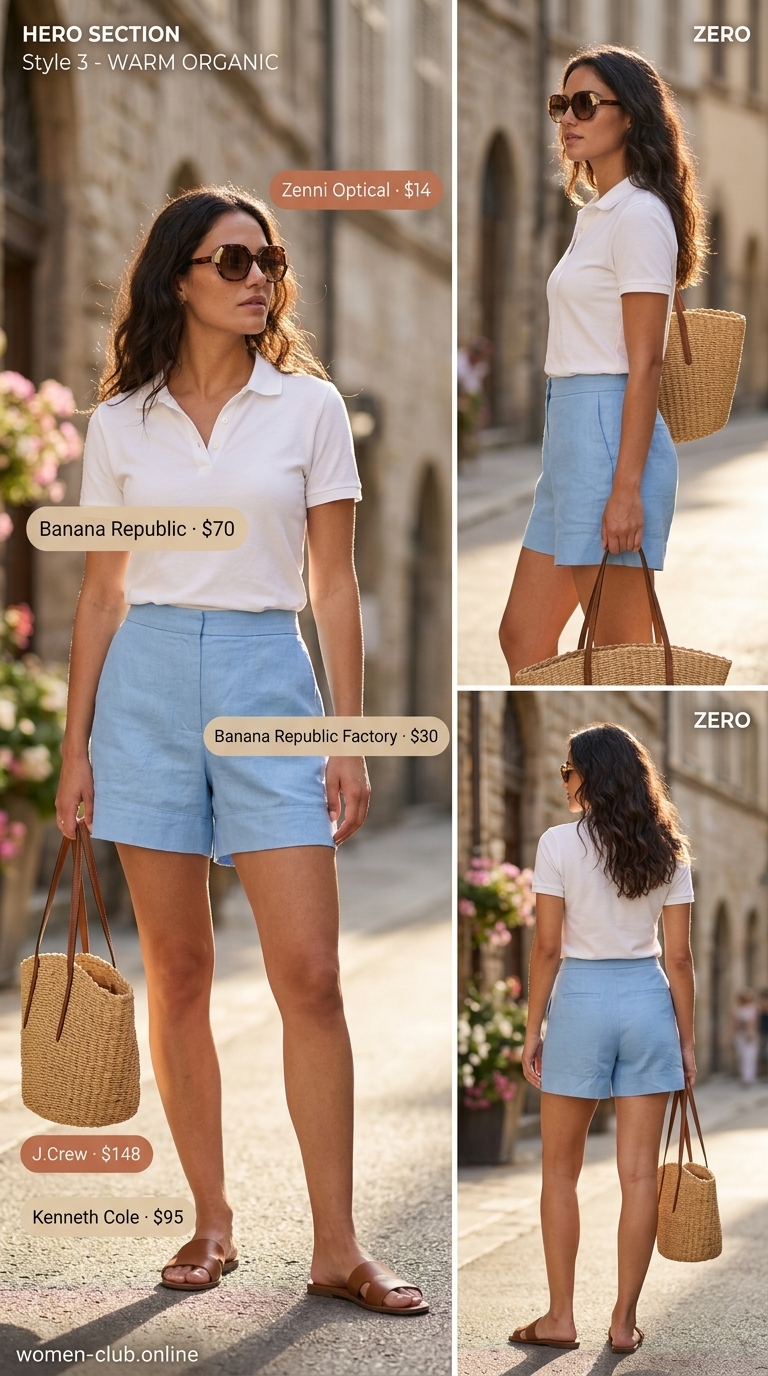 Summer Old Money Outfit for Women 2026: Linen Shorts Casual Blue linen shorts outfit for women 2026, polished casual smart look with white polo and tan slides.