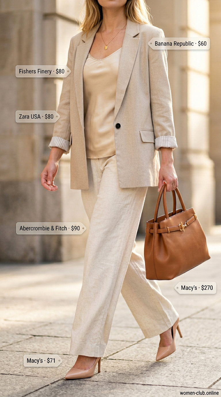 Summer Old Money Outfit for Women 2026: Linen Suit Event Cream linen suit outfit for women 2026, sophisticated smart casual for summer events with beige camisole.