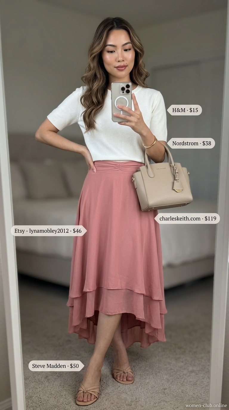Summer Old Money Outfit for Women 2026: Midi Skirt Day Dusty rose midi skirt outfit for women 2026, chic and feminine for summer day outs with white top and beige sandals.