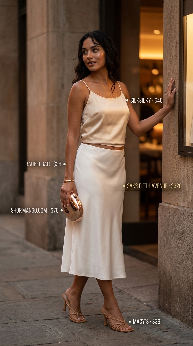 Summer Old Money Outfit for Women 2026: Silk Skirt Evening Ivory silk slip skirt outfit for women 2026, elegant evening wear with champagne camisole and gold accessories.