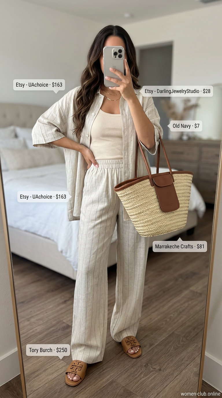 Relaxed Summer Old Money Outfit 2026: Linen Set Vacation Summer old money outfit for women 2026: Beige linen set, cream tank, gold necklace, straw tote, and tan slides for vacation.