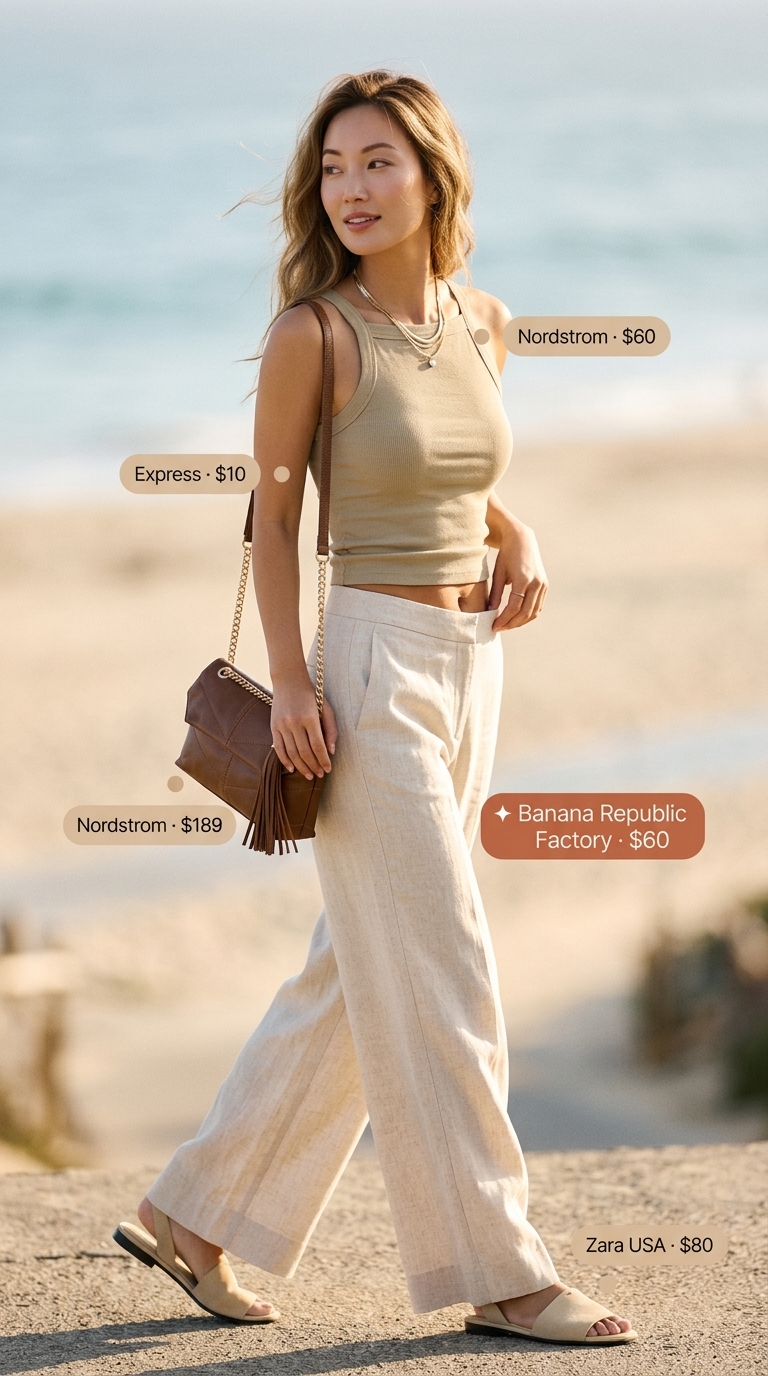 Relaxed Summer Old Money Outfit 2026: Resort Chic Summer old money outfit for women 2026: Cream linen pants, beige knit top, gold necklaces, and tan sandals for resort wear.