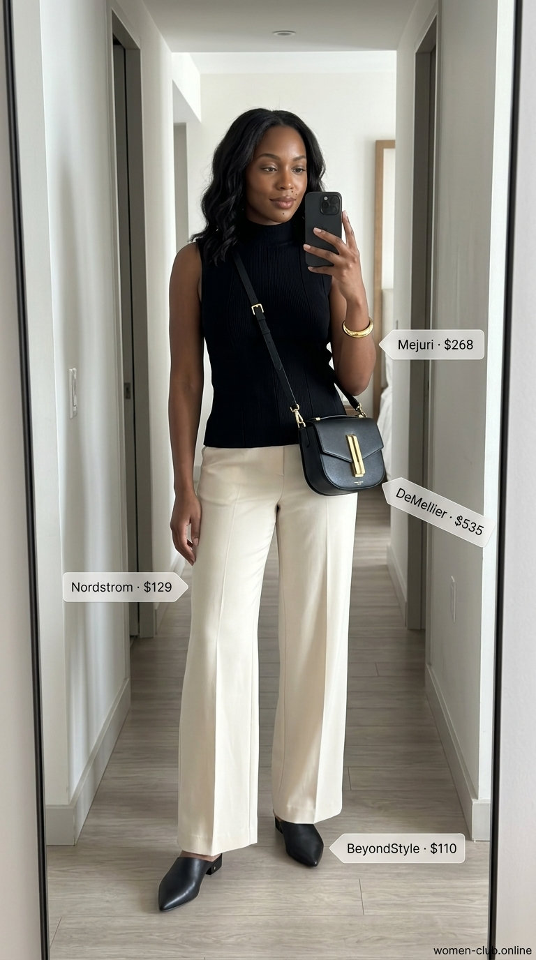 Chic Summer Old Money Outfit 2026: Evening Elegance Summer old money outfit for women 2026: Cream wide-leg trousers, black knit top, gold jewelry, and black mules for a chic dinner.