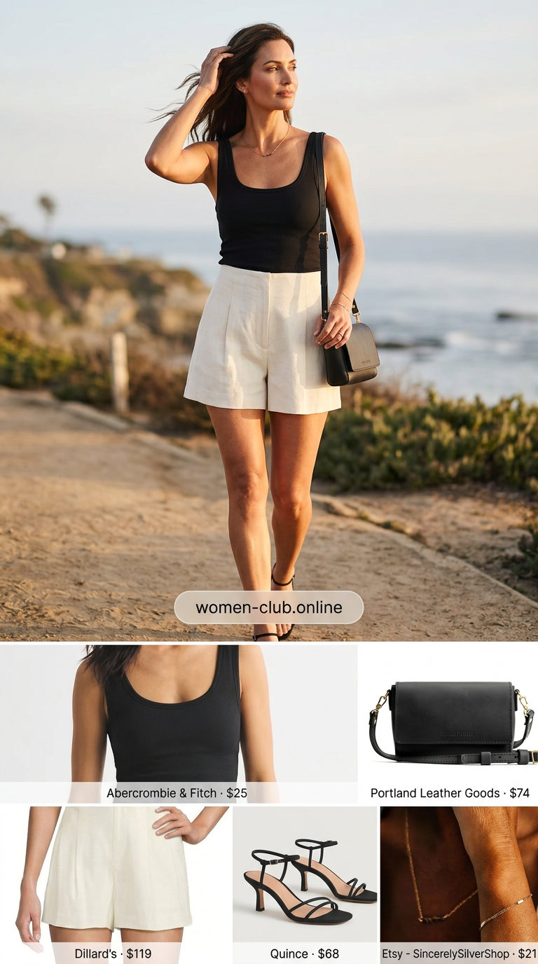 Polished Summer Old Money Outfit 2026: Vacation Chic Summer old money outfit for women 2026: Ivory linen shorts, black ribbed tank, gold bracelet, and black heeled sandals for vacation.