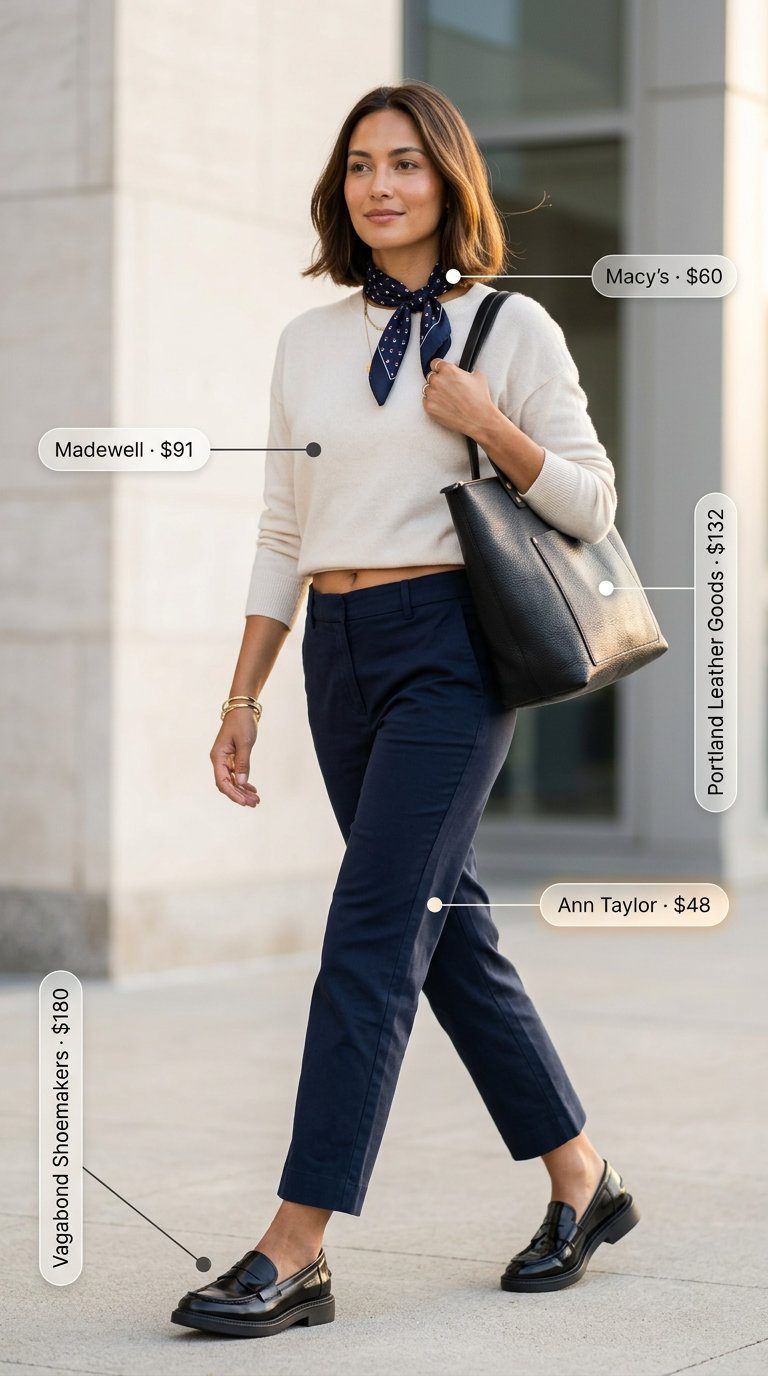 Sophisticated Summer Old Money Outfit 2026: Travel Style Summer old money outfit for women 2026: Navy capri pants, cream cashmere sweater, silk scarf, and leather loafers for travel.