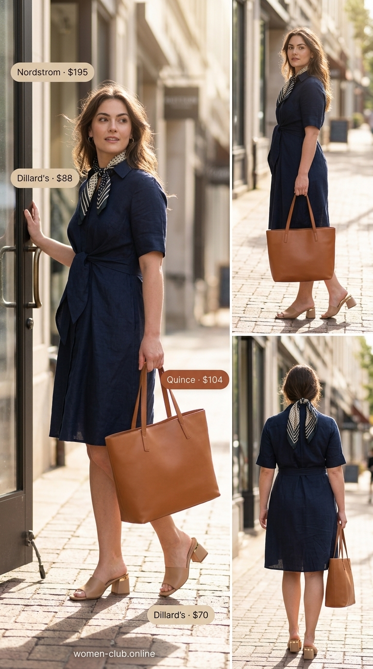 Classic Summer Old Money Outfit 2026: Shirt Dress Style Summer old money outfit for women 2026: Navy shirt dress, silk scarf, cognac bag, and tan mules for a polished daytime look.