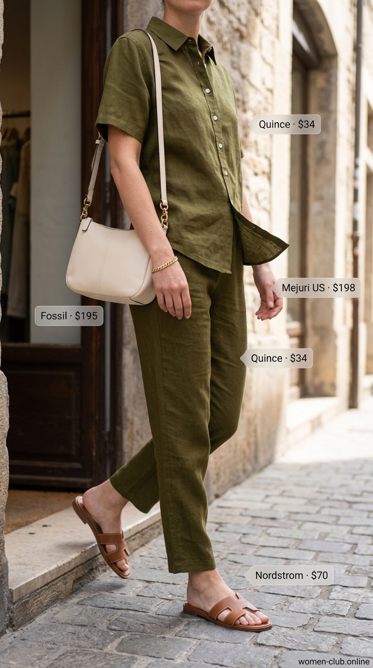Effortless Summer Old Money Outfit 2026: Linen Set Summer old money outfit for women 2026: Olive green linen set, cream bag, tan slides, and gold bracelet for a relaxed brunch.